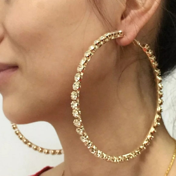 Gold Crystal Geometric Bling Round Hoop Earrings - Picture 4 of 5